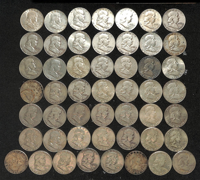 Lot of (50) US Franklin Silver Half Dollars from 1948-1963